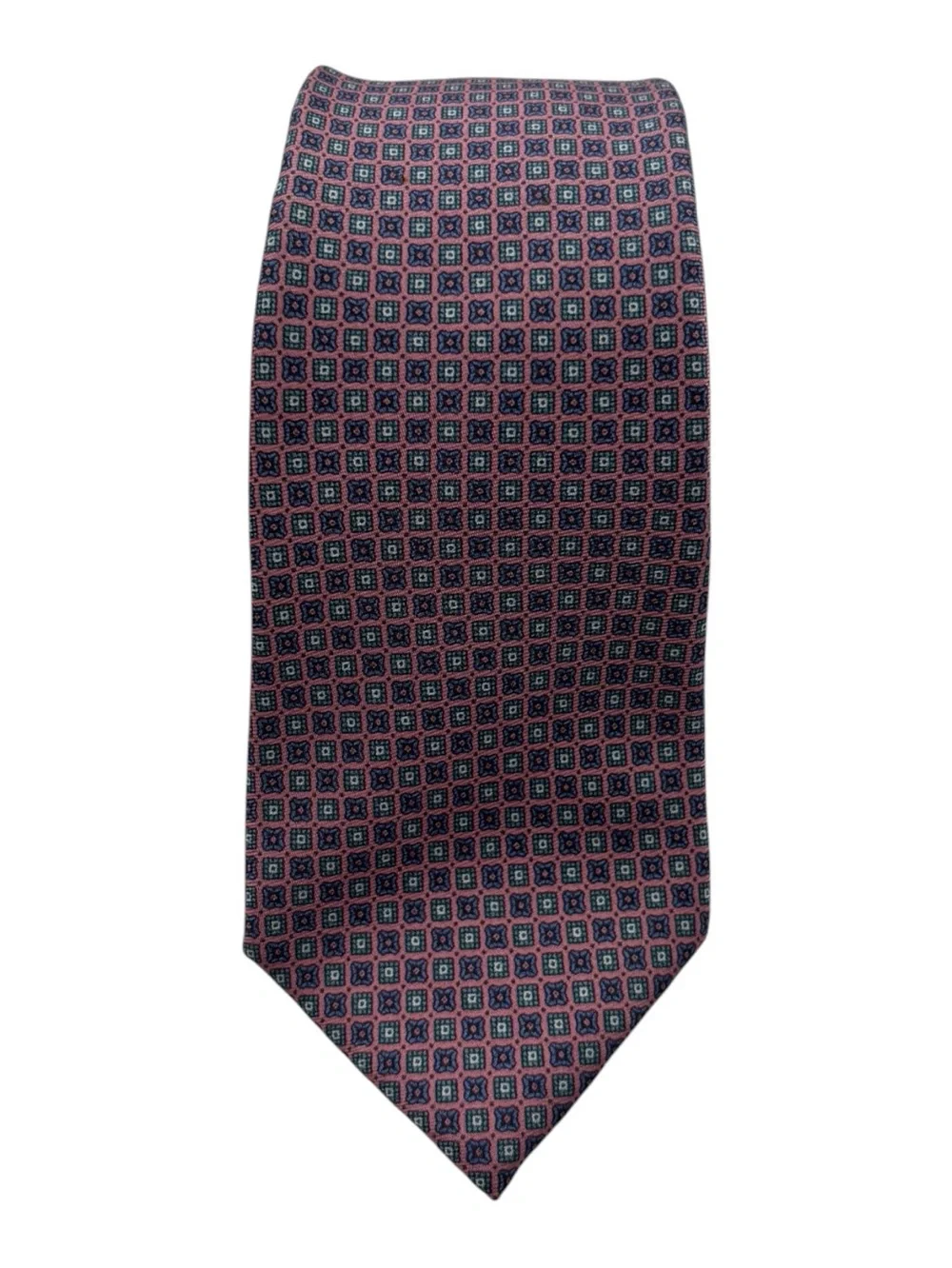 VTG Neil Martin Ancient Madder Silk Necktie Made USA Pink Blue Geometric Foulard